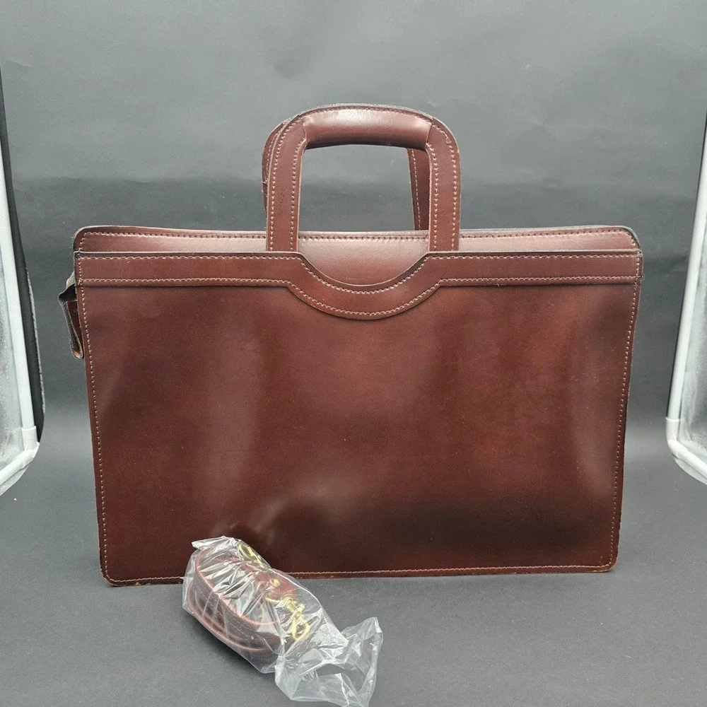 Vintage Brown Leather Briefcase Slim Laptop Bag Messenger with Shoulder Strap